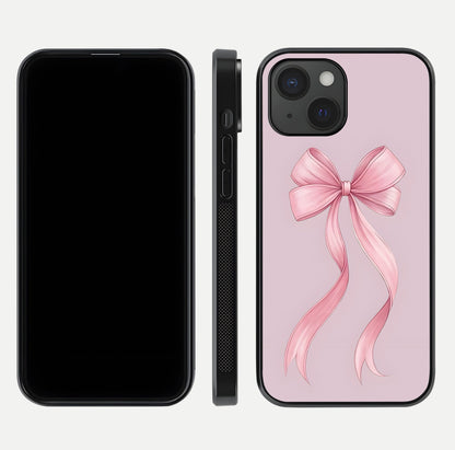 Soft Blush Bow iPhone 15  glass phone case front and side layout view displaying slim profile and gentle aesthetic
