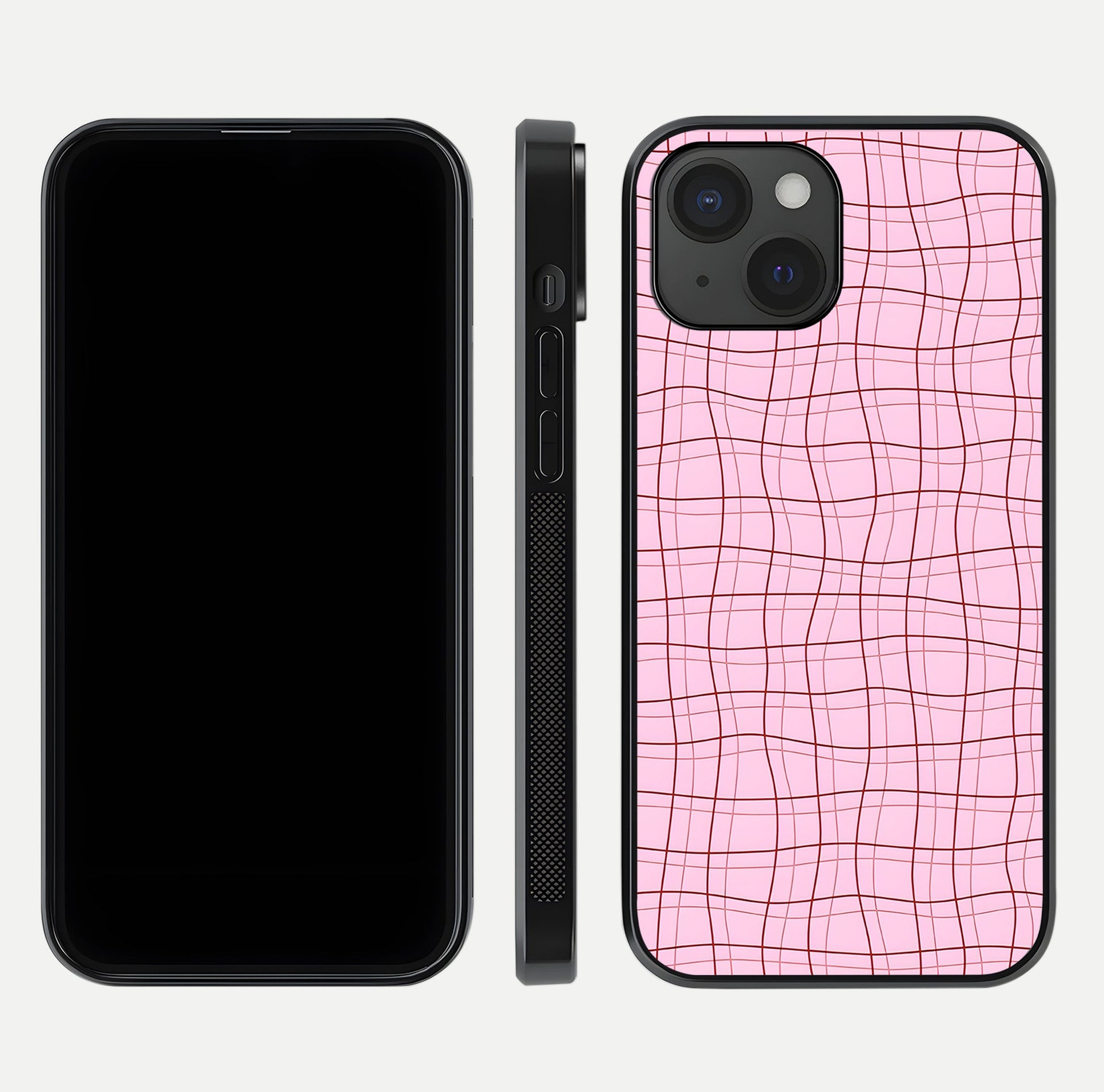 Soft Grid Bliss iPhone 15  glass phone case front and side layout view displaying slim profile and clean design