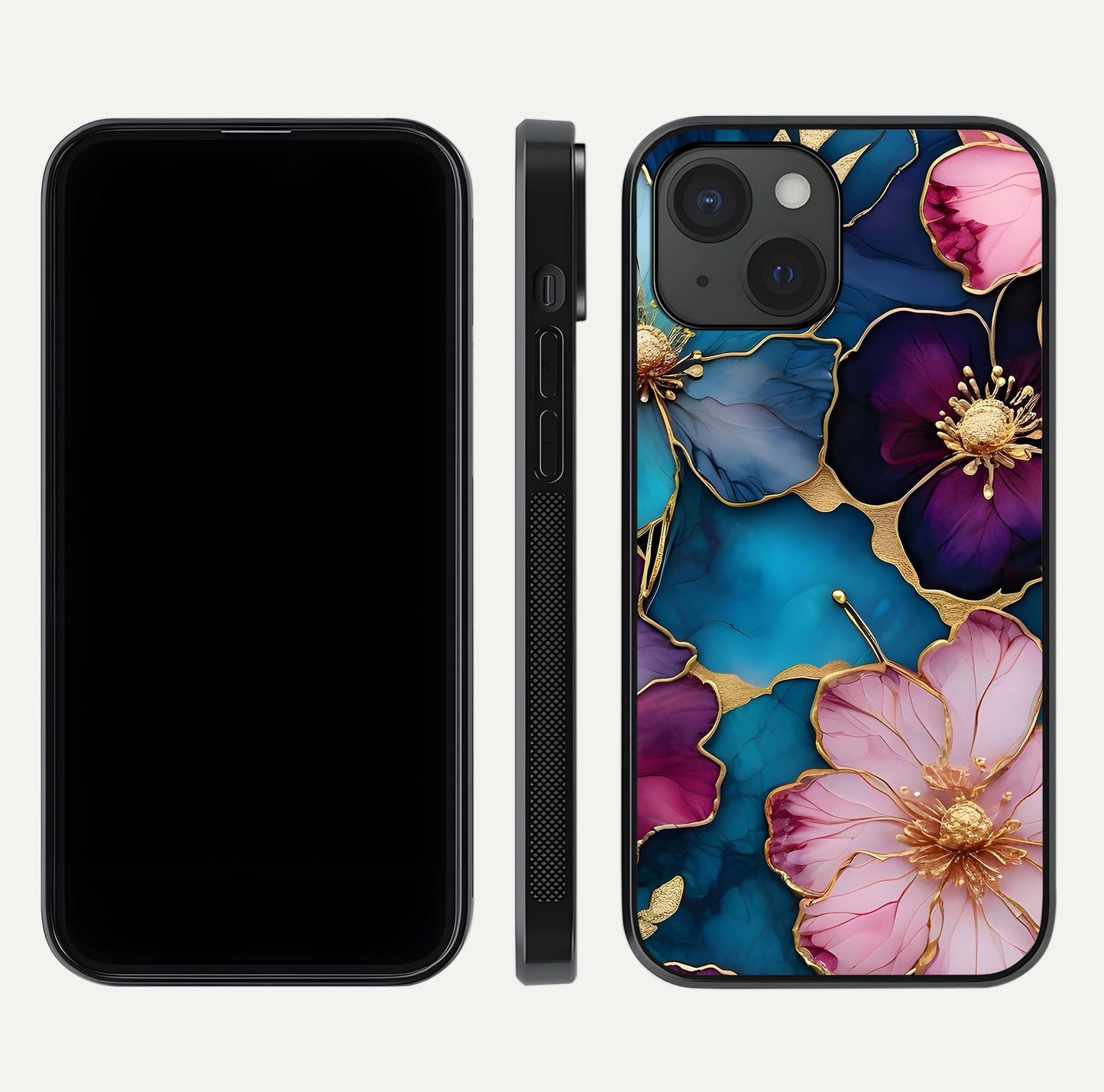Sparkle Floral Glass Case for iPhone 15 front & back layout showing floral print and edge clarity