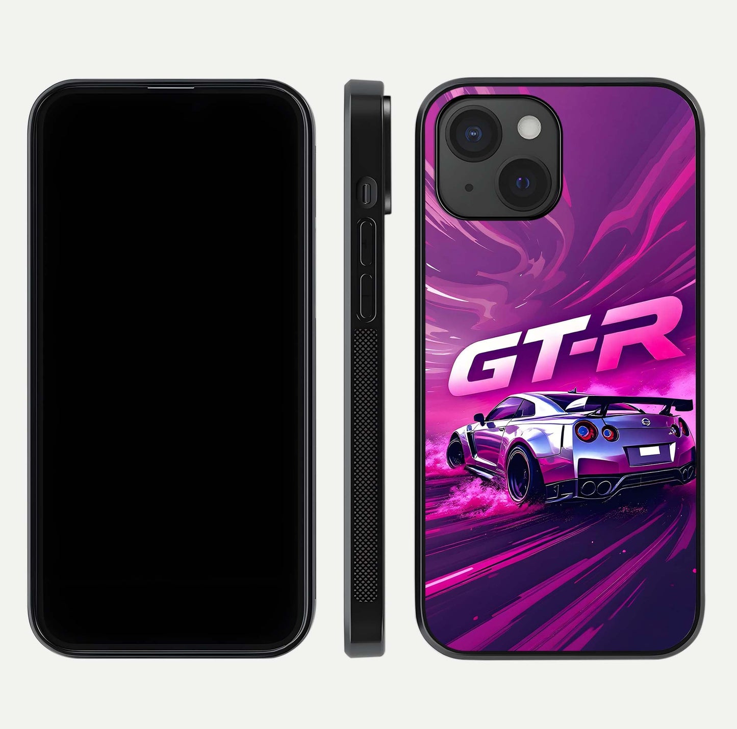 Speed Drift Legend Glass Case for iPhone 15 front & back layout showing bold tones and smooth edges