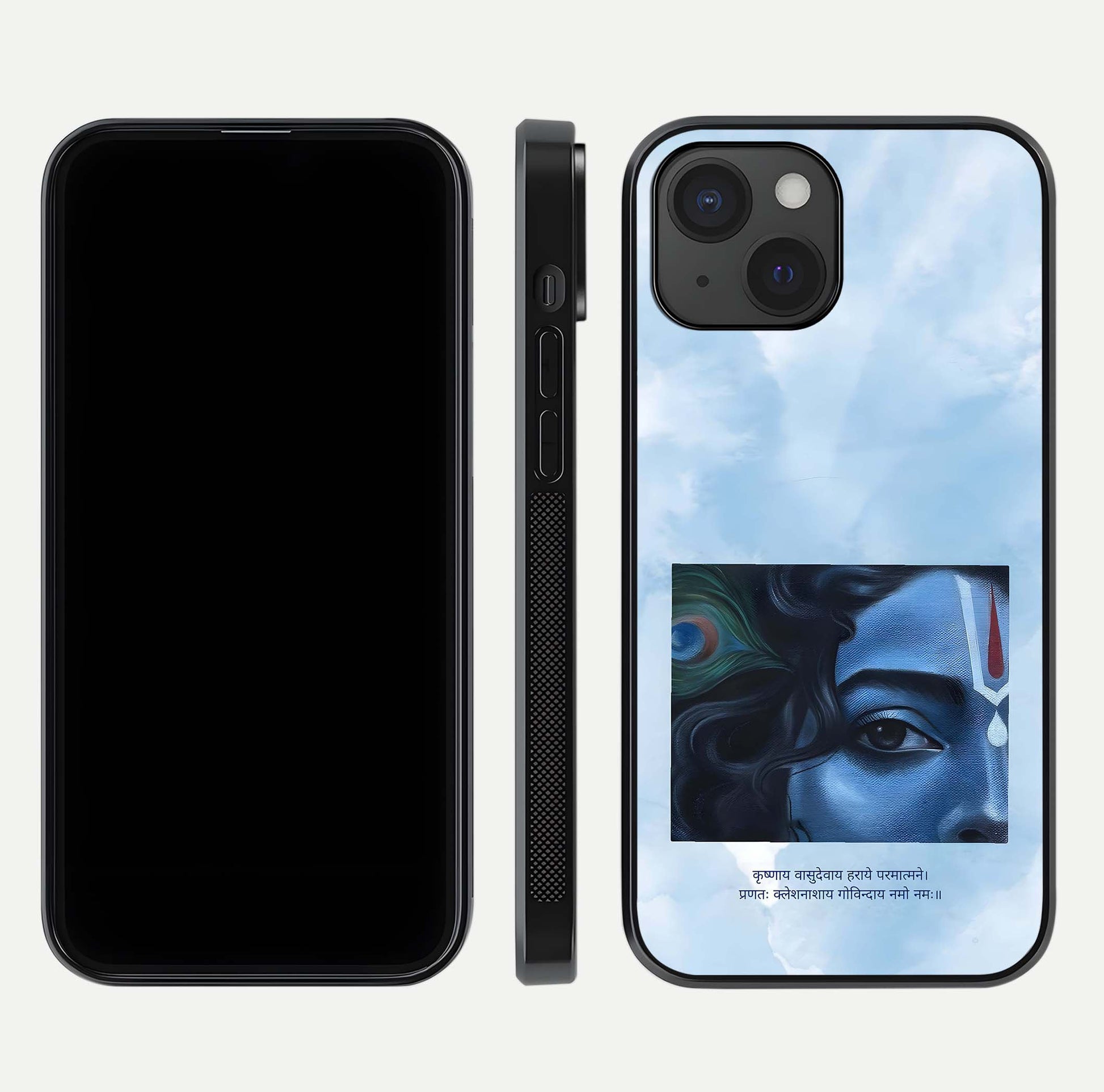 Spiritual Krishna Glass Case for iPhone 15 front & back layout showing spiritual artwork and clean edge