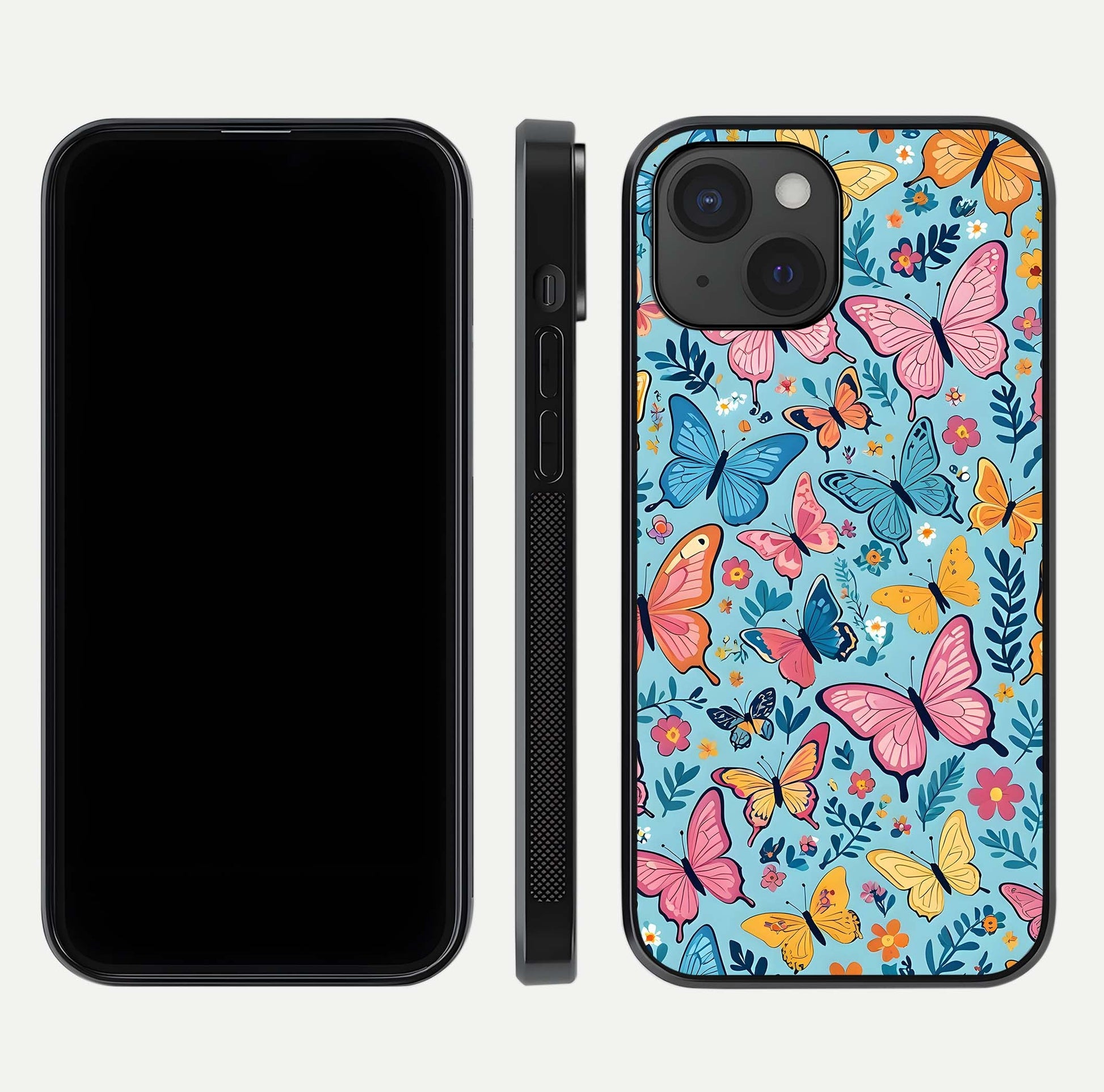 Spring Wing Garden Glass Case for iPhone 15 front & back layout showing soft tones and elegant glass design