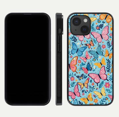 Spring Wing Garden Glass Case for iPhone 15 front & back layout showing soft tones and elegant glass design