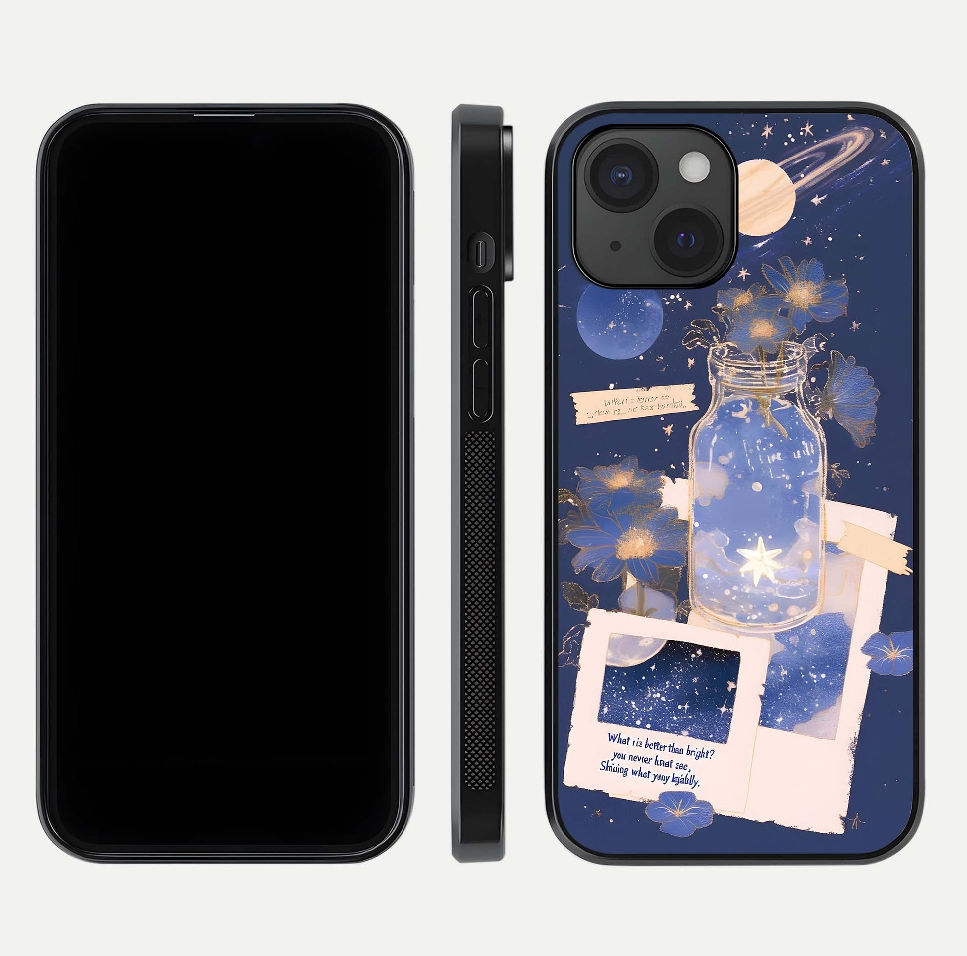 Starlit Cosmic Jar Glass Case for iPhone 15 front & back layout showing cosmic pattern and curved glass edge