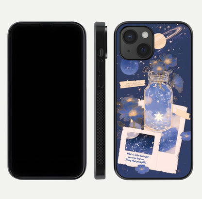 Starlit Cosmic Jar Glass Case for iPhone 15 front & back layout showing cosmic pattern and curved glass edge