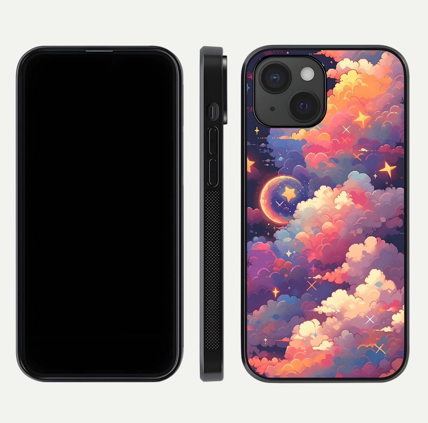 Starlit Dream Clouds Glass Case for iPhone 15 front & back layout showing gradient tones and smooth edge