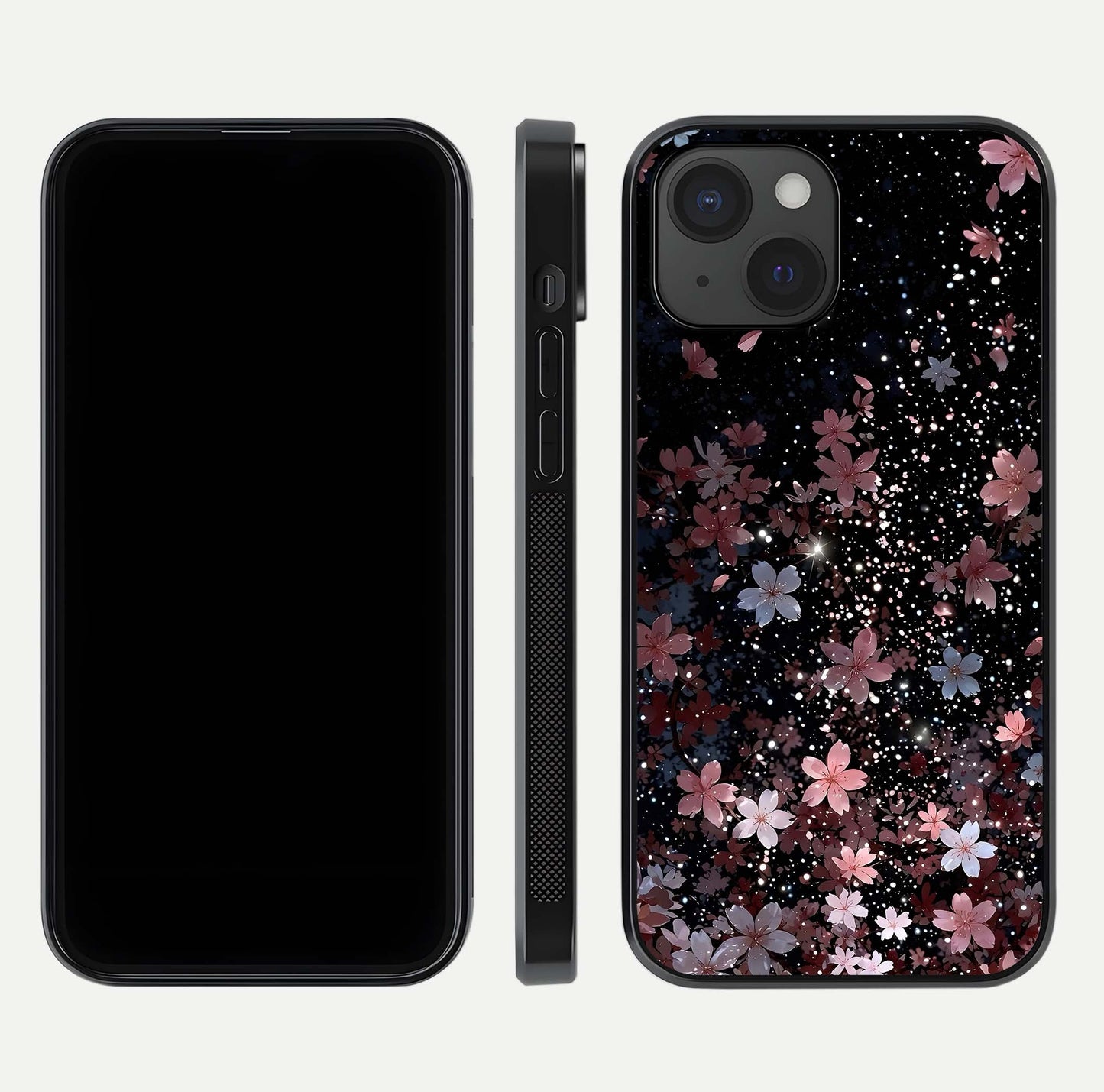 Starlit Flower Dreams Glass Case for iPhone 15 front & back layout showing soft bloom design and curved edge
