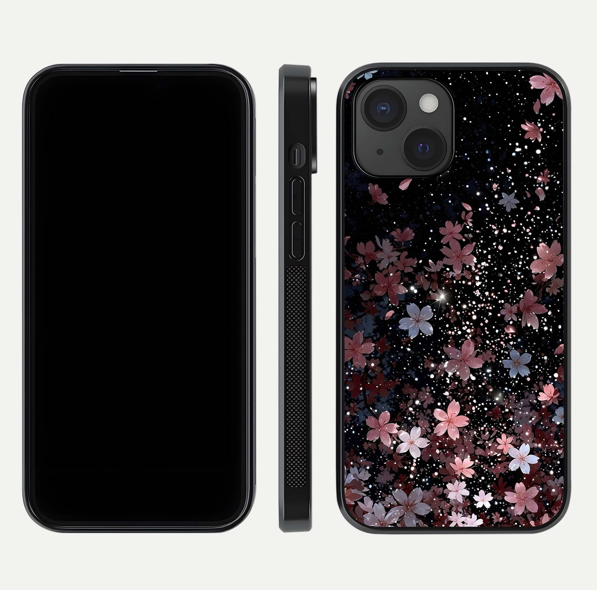 Starlit Flower Dreams Glass Case for iPhone 15 front & back layout showing soft bloom design and curved edge