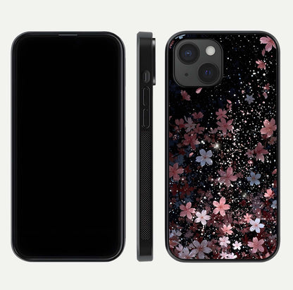 Starlit Flower Dreams Glass Case for iPhone 15 front & back layout showing soft bloom design and curved edge