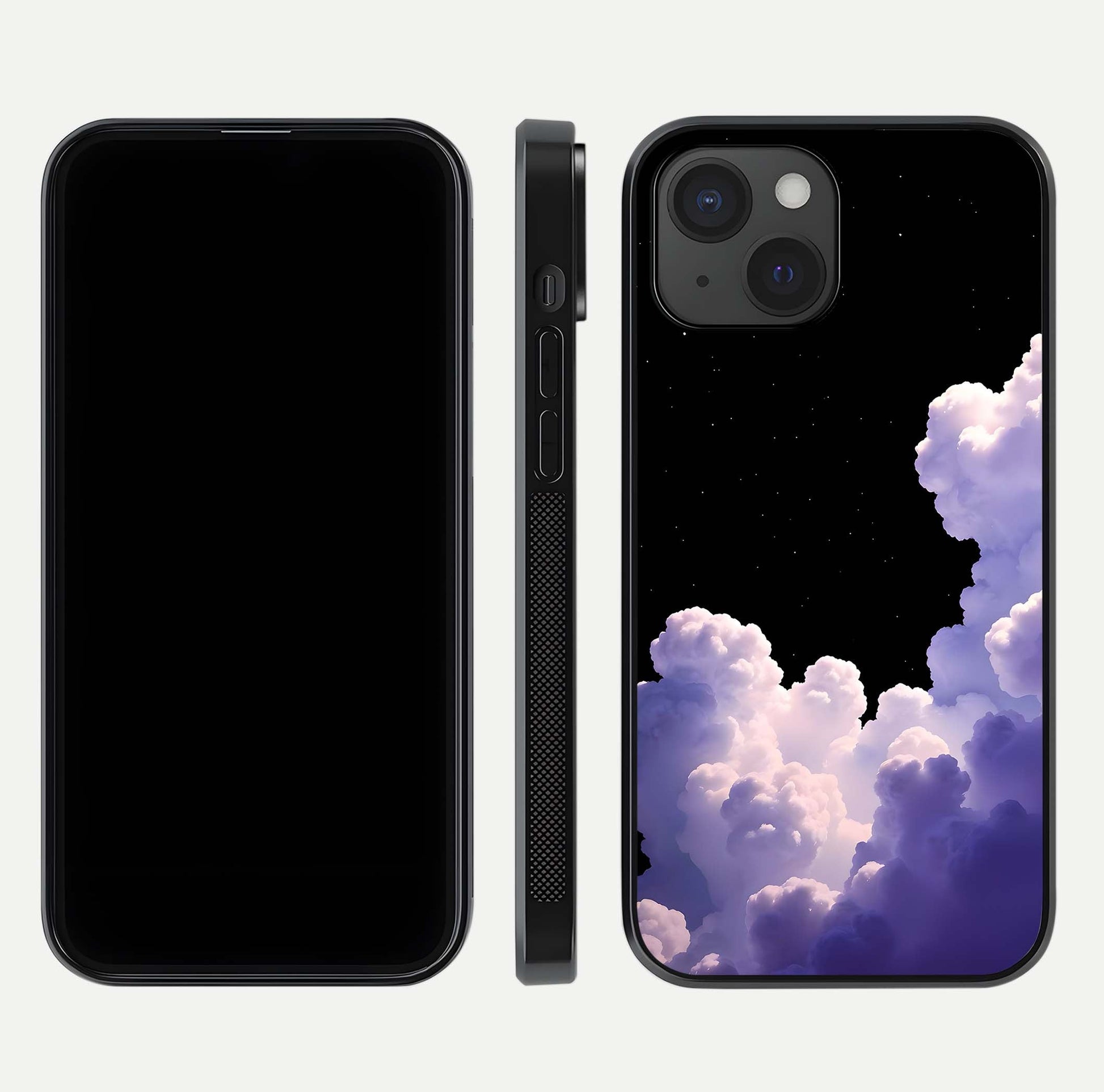 Starlit Night Whispers Glass Case for iPhone 15 front & back layout showing moon tones and curved edges
