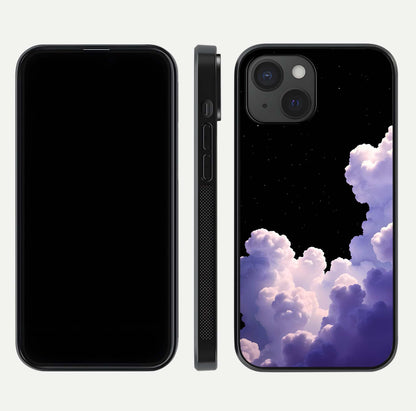 Starlit Night Whispers Glass Case for iPhone 15 front & back layout showing moon tones and curved edges