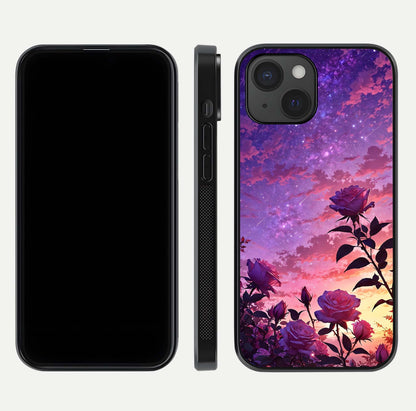 Starlit Rose Twilight Glass Case for iPhone 15 front & back layout showing floral blend and glossy edge