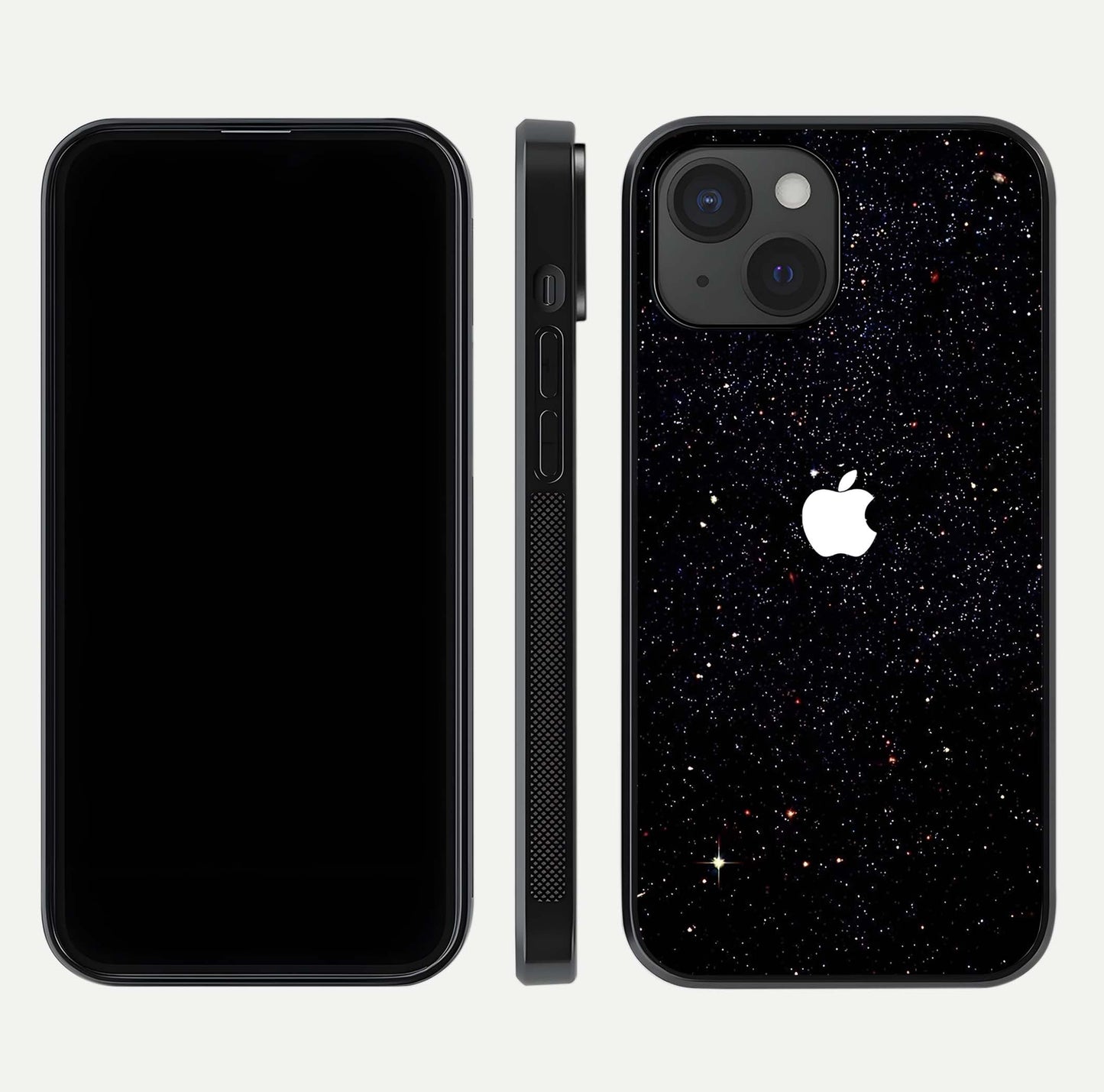 Starry Apple Galaxy Glass Case for iPhone 15 front & back layout showing cosmic tones and sleek edge