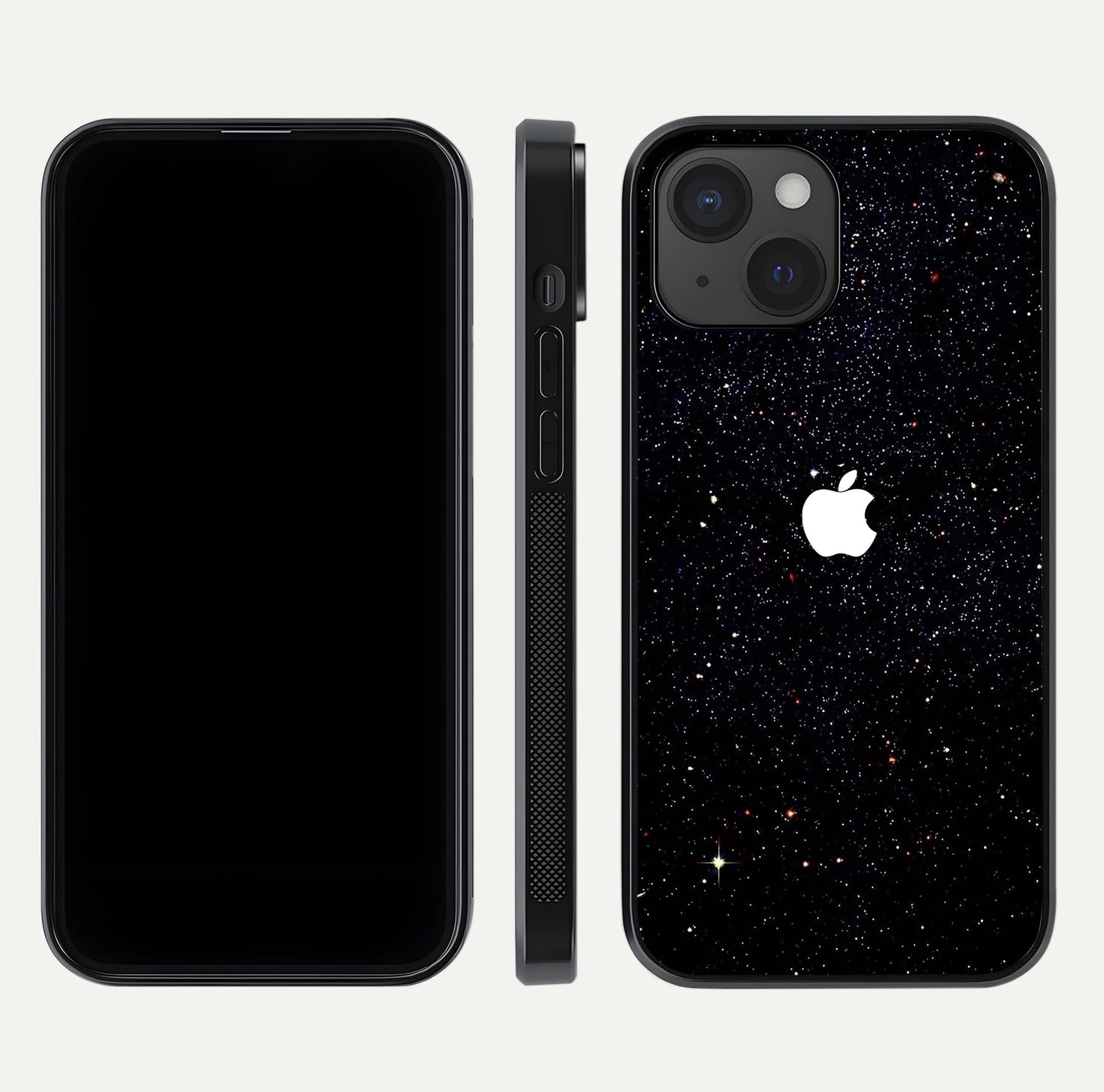 Starry Apple Galaxy Glass Case for iPhone 15 front & back layout showing cosmic tones and sleek edge