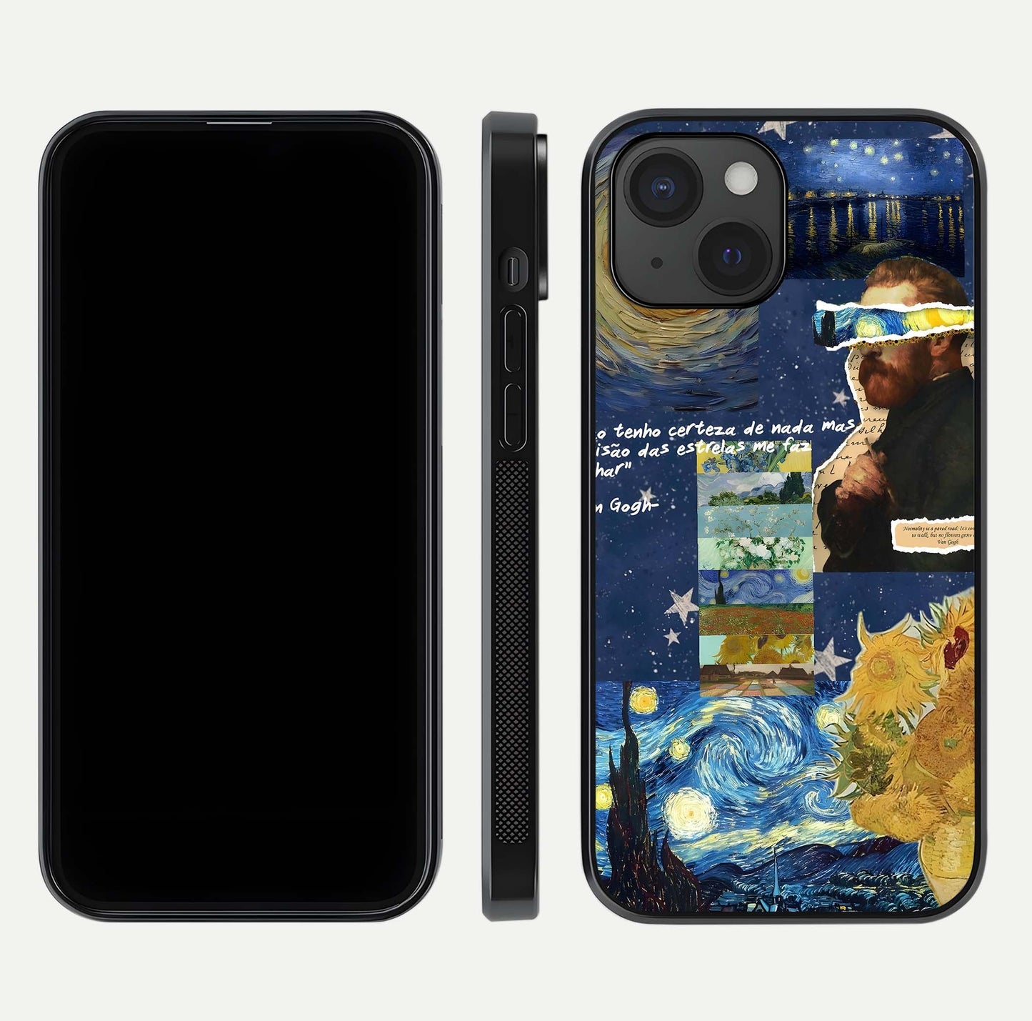 Starry Dream Vision Glass Case for iPhone 15 front & back layout showing star blend and smooth edges
