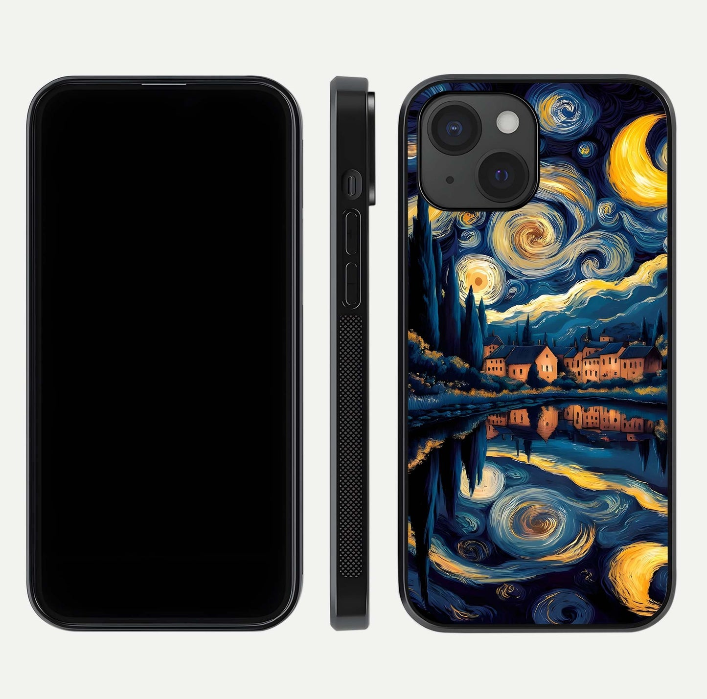 Starry Sky Serenity Glass Case for iPhone 15 front & back layout showing stars and curved glass edges