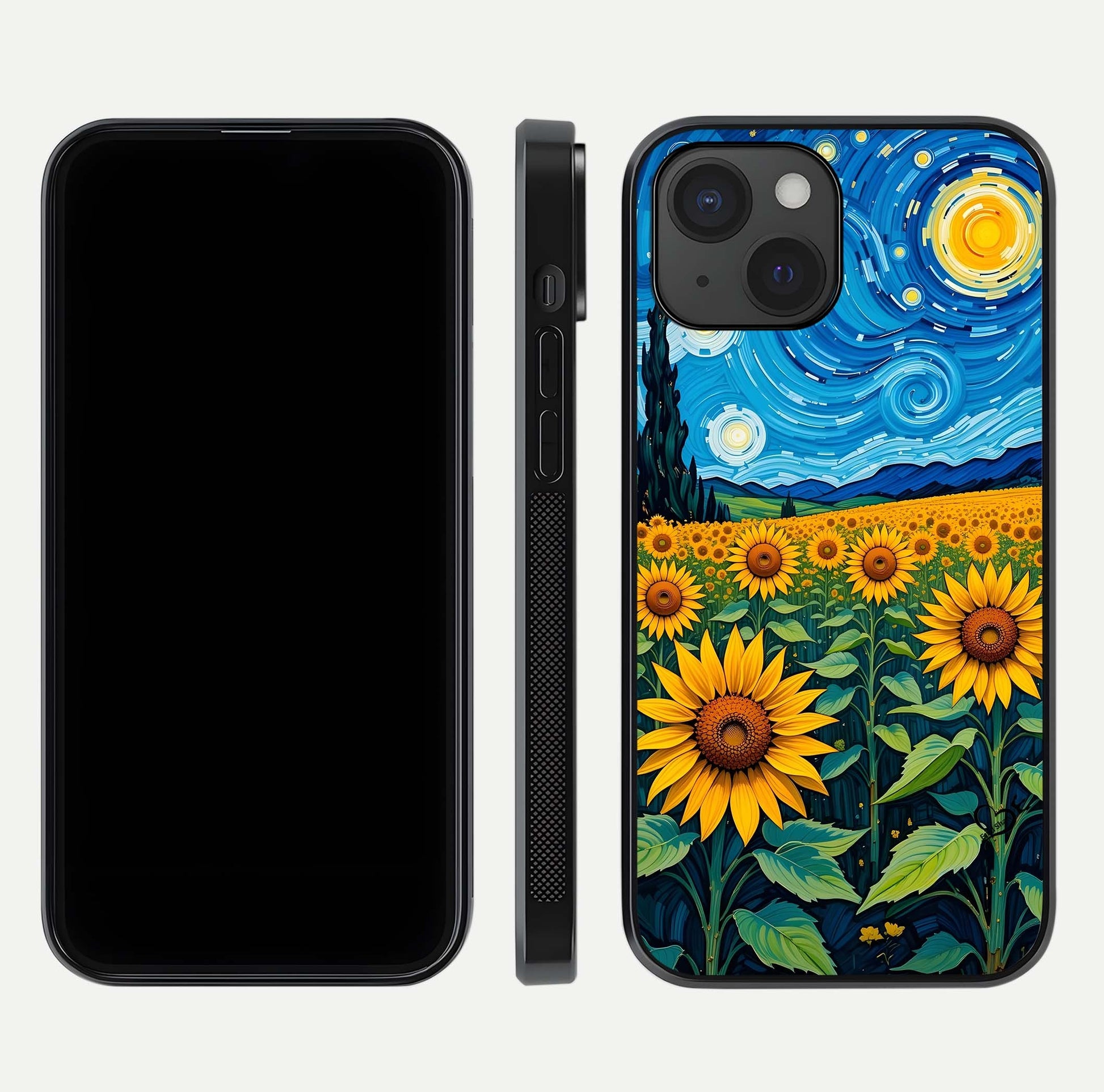 Starry Sunflower Dreams Glass Case for iPhone 15 front & back layout showing floral blend and edge detail