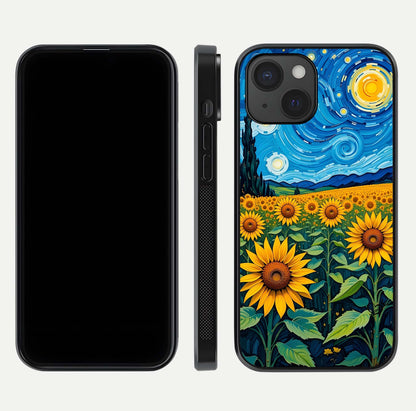 Starry Sunflower Dreams Glass Case for iPhone 15 front & back layout showing floral blend and edge detail