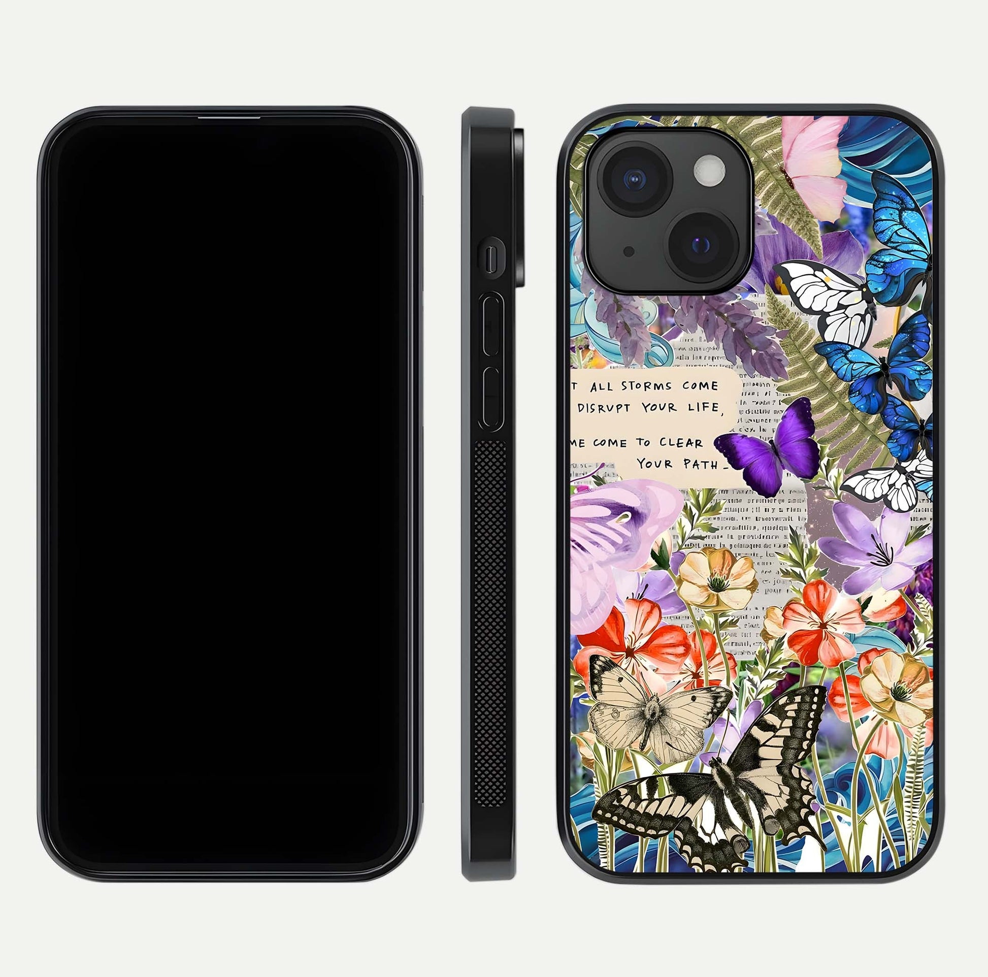 Storm Path Bloom Glass Case for iPhone 15 front & back layout showing moody floral blend and edges