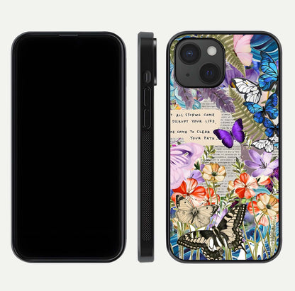 Storm Path Bloom Glass Case for iPhone 15 front & back layout showing moody floral blend and edges