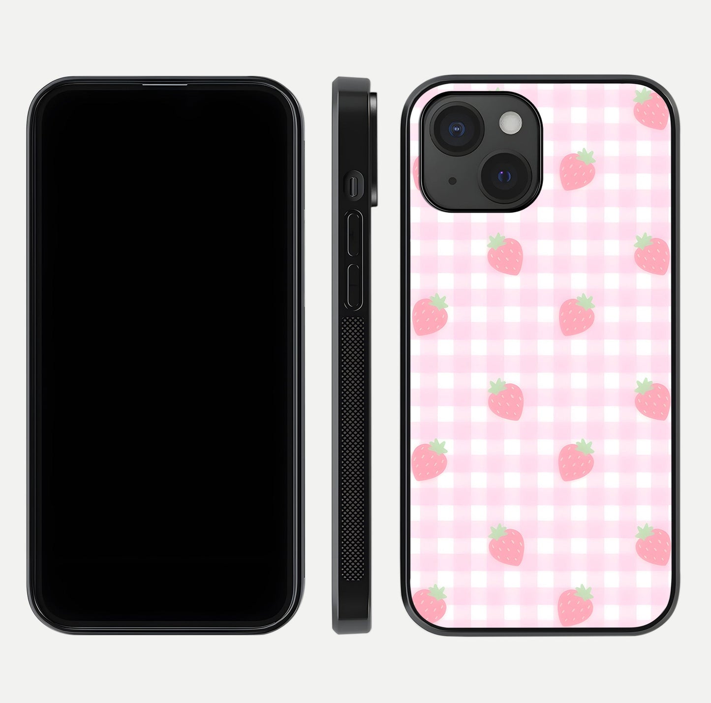 Strawberry Picnic Love iPhone 15  glass phone case front and side layout view showing slim profile and full picnic design