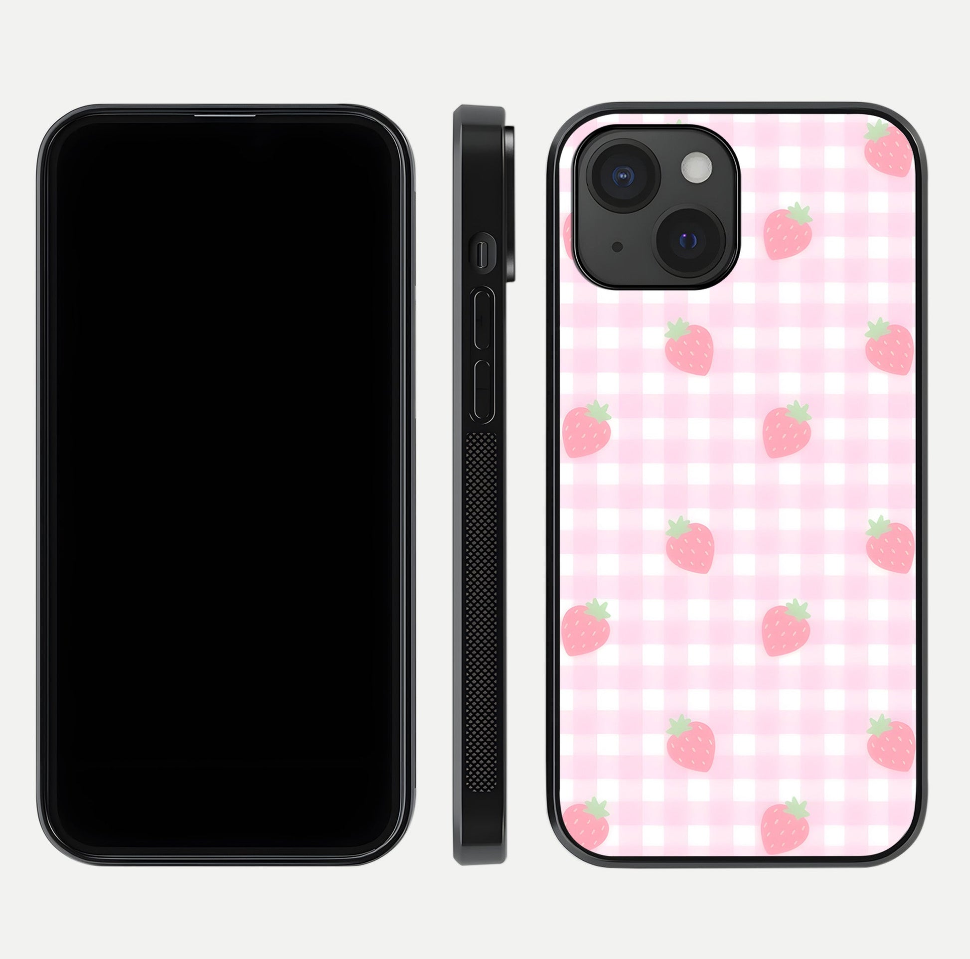 Strawberry Picnic Love iPhone 15  glass phone case front and side layout view showing slim profile and full picnic design