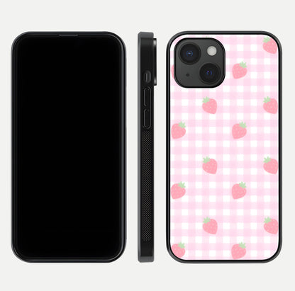 Strawberry Picnic Love iPhone 15  glass phone case front and side layout view showing slim profile and full picnic design
