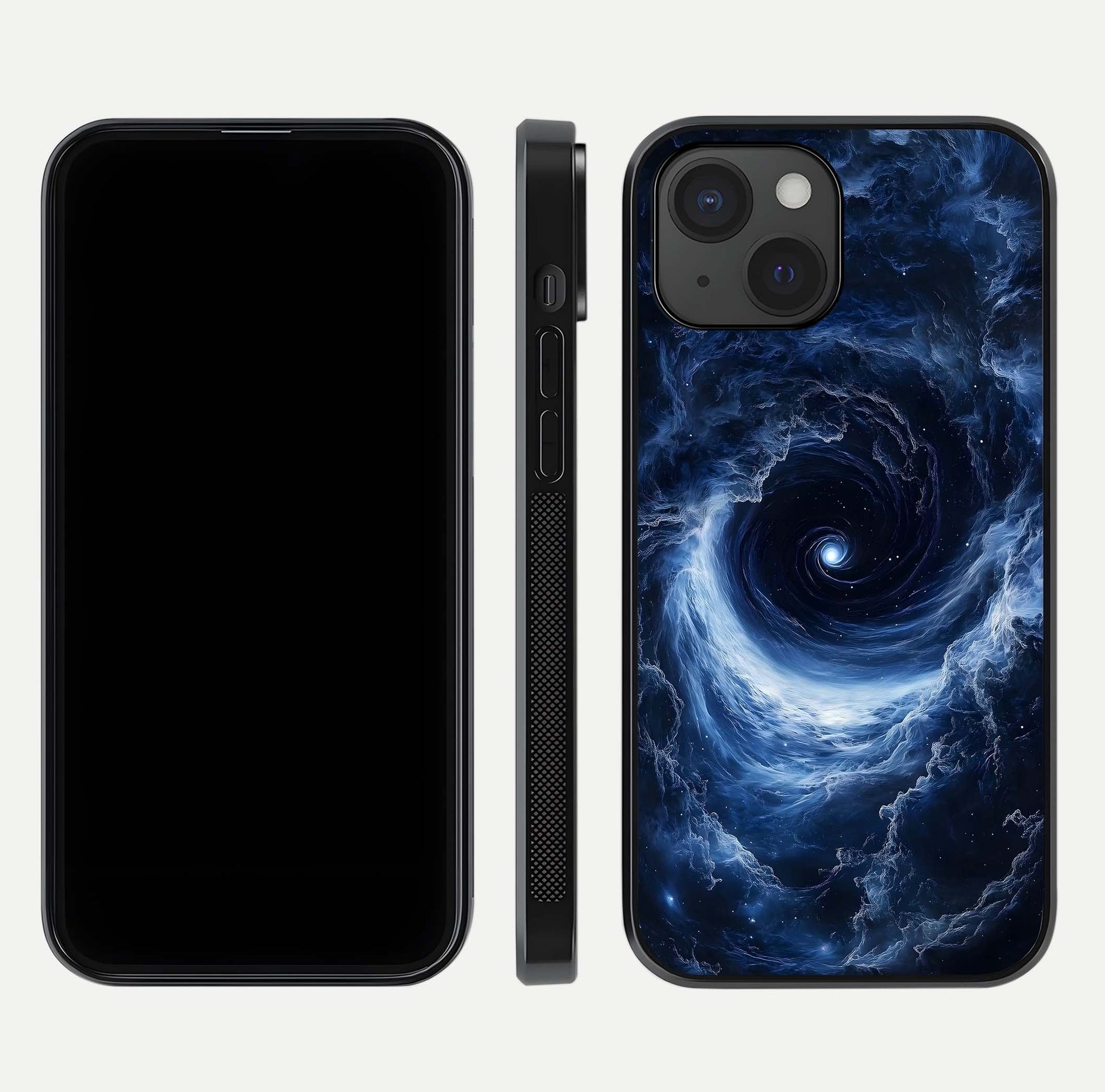 Stunning Galaxy Glass Case for iPhone 15 front & back layout showing deep cosmic hues and clean edges