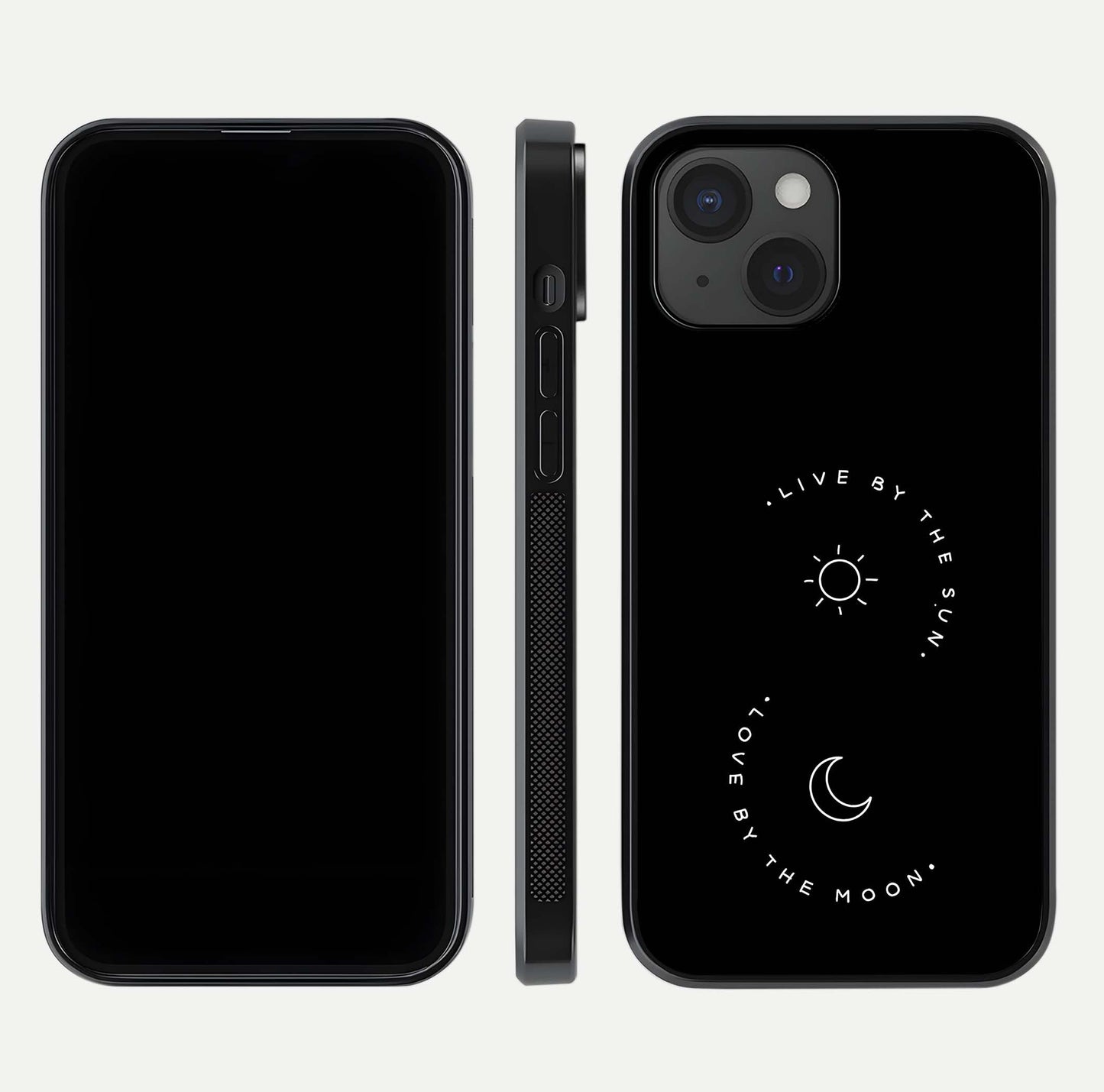 Sun Moon Balance Glass Case for iPhone 15 front & back layout showing smooth gradient and balanced design