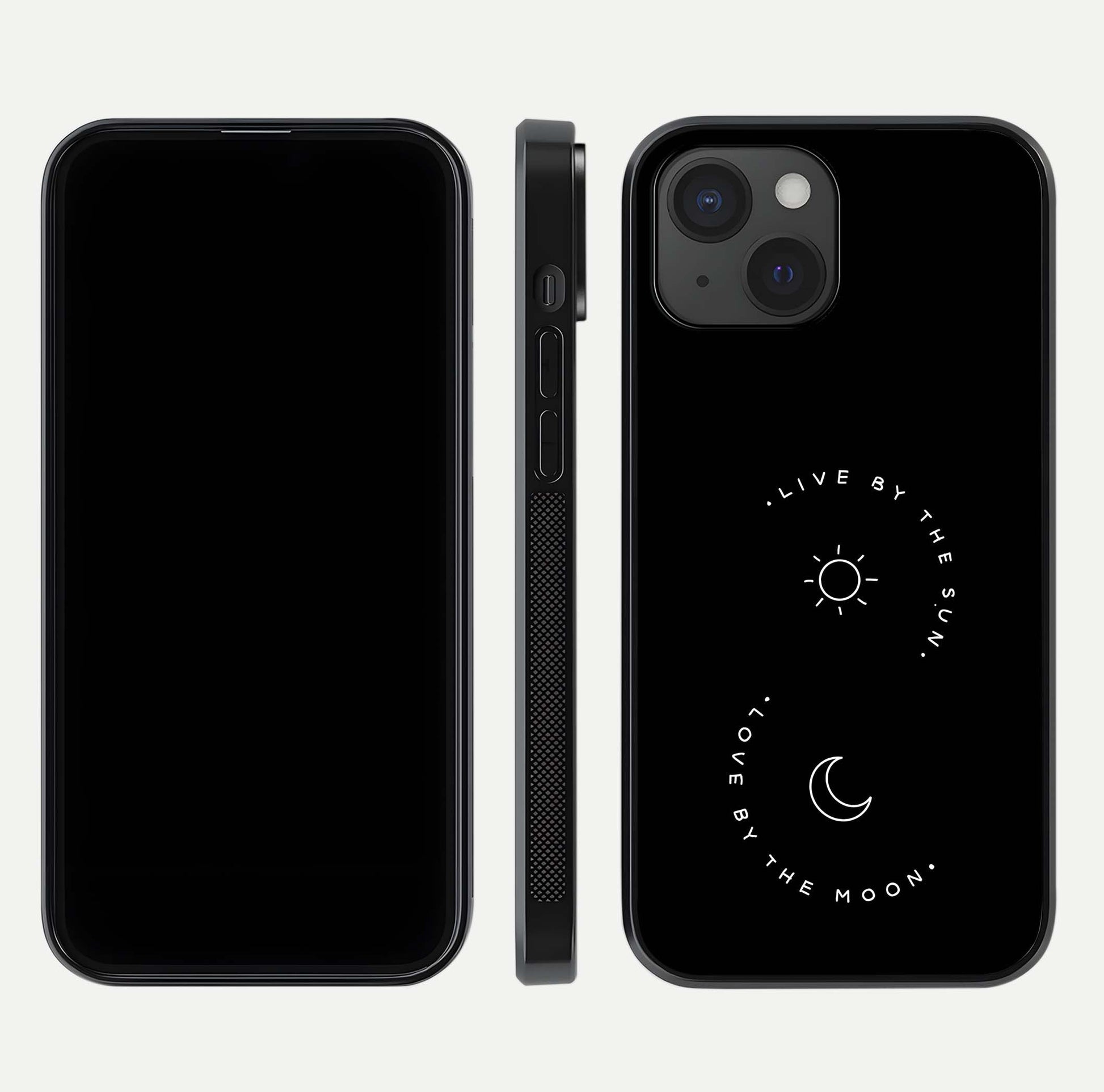 Sun Moon Balance Glass Case for iPhone 15 front & back layout showing smooth gradient and balanced design
