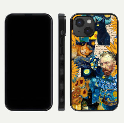 Sunflower Cat Art Glass Case for iPhone 15 front & back layout showing detailed floral cat design and edges