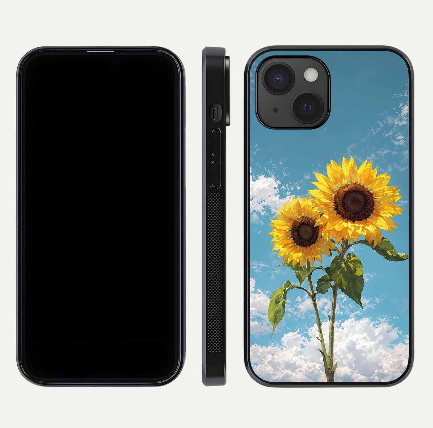 Sunflower Sky Bloom Glass Case for iPhone 15 front & back layout showing soft blue tones and flower contrast