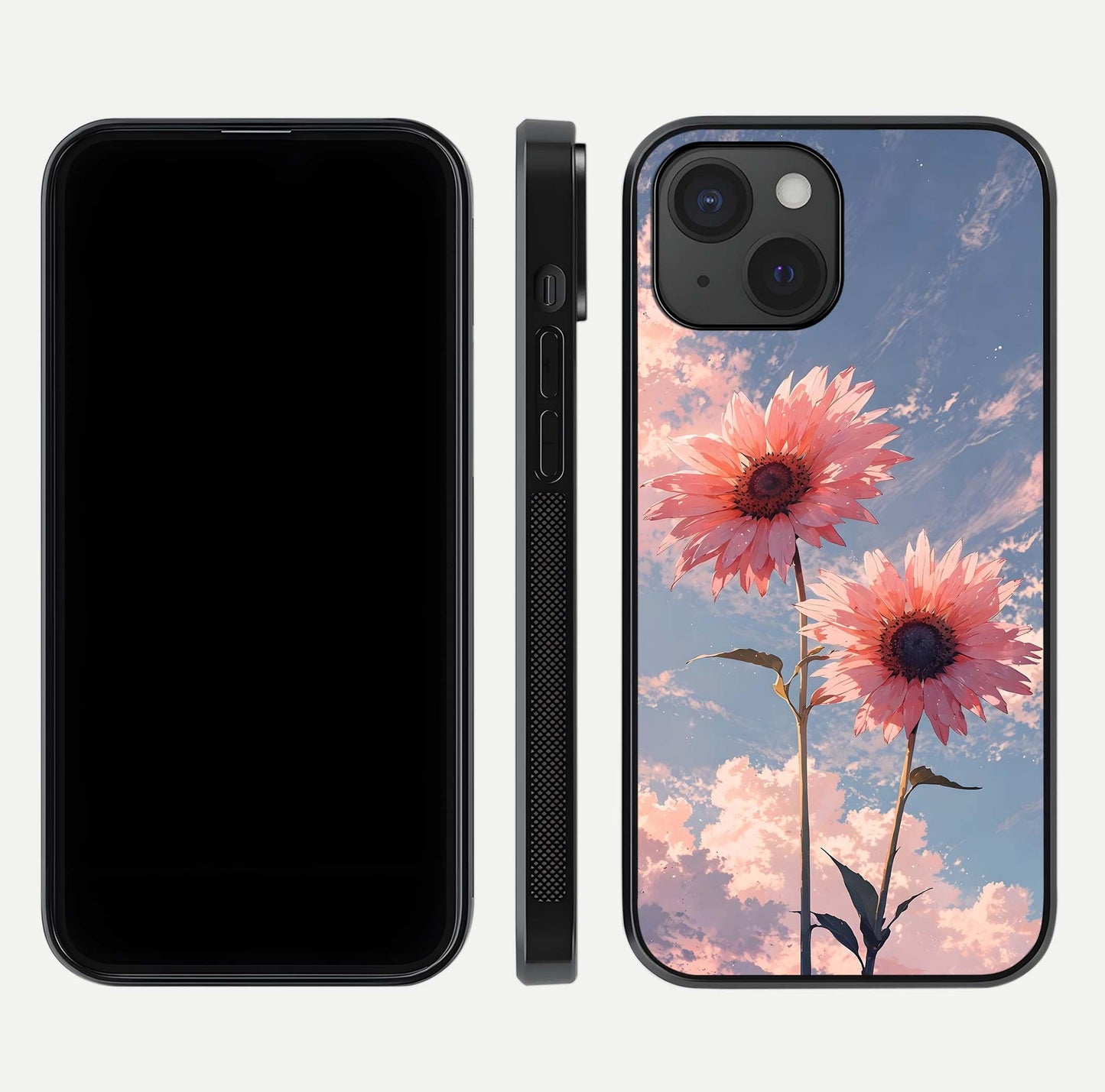 Sunlit Daisy Glow Glass Case for iPhone 15 front & back layout showing vibrant sunlight hues and clean edge