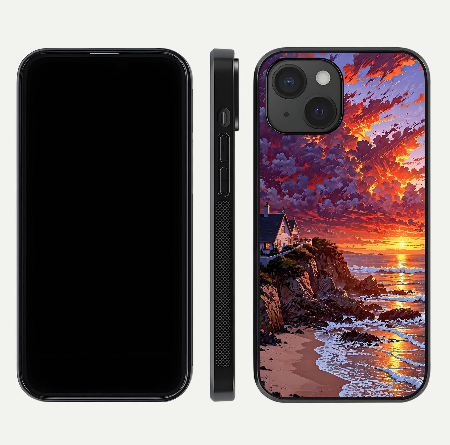 Sunset House by Sea Glass Case for iPhone 15 front & back layout showing scenic gradient and curved edge