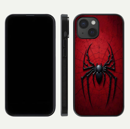 Venom Web Emblem Glass Case for iPhone 15 front & back layout showing contrast art and curved glass edges