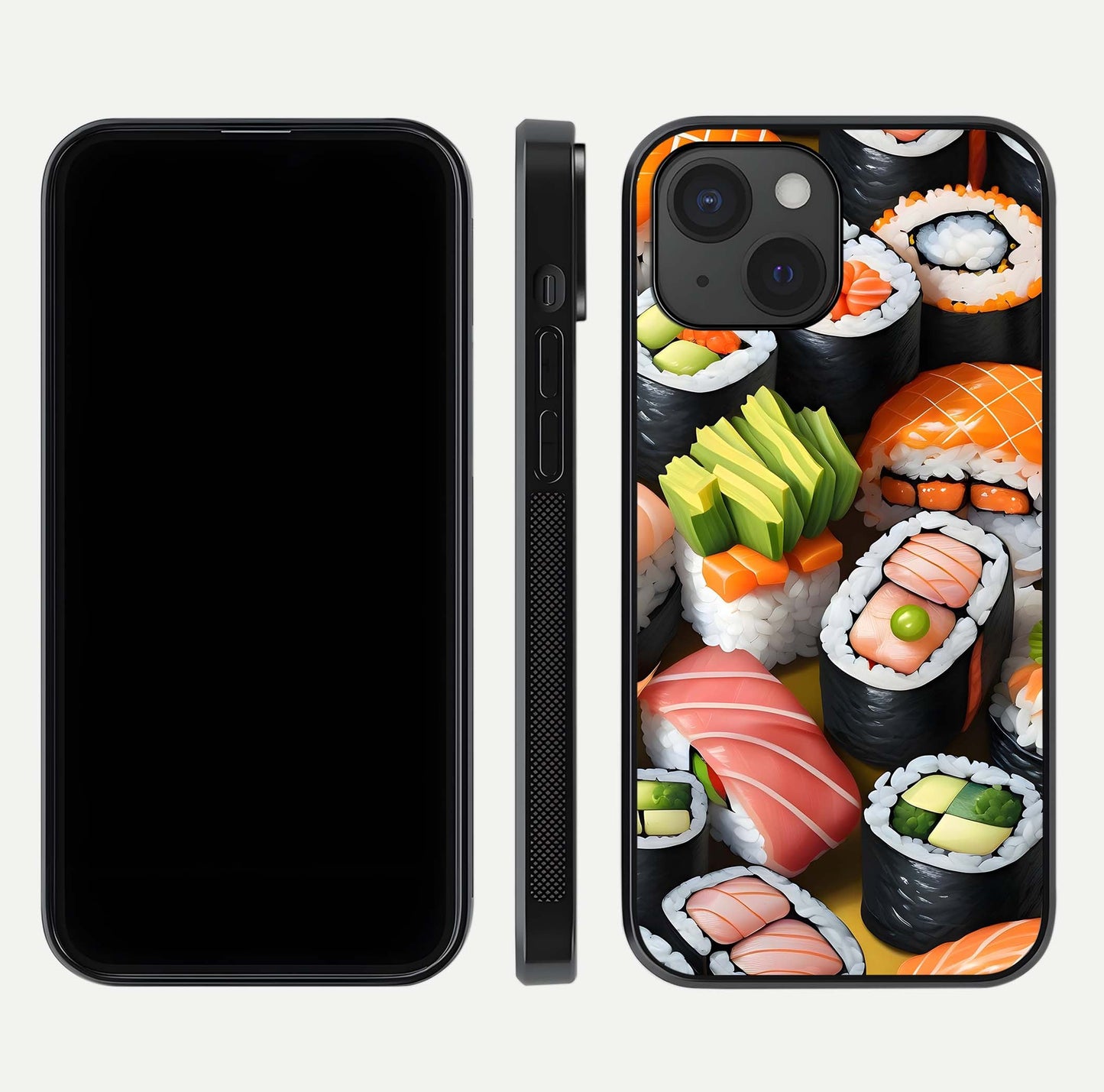 Sushi Food Pattern Glass Case for iPhone 15 front & back layout showing playful food theme and clear edges