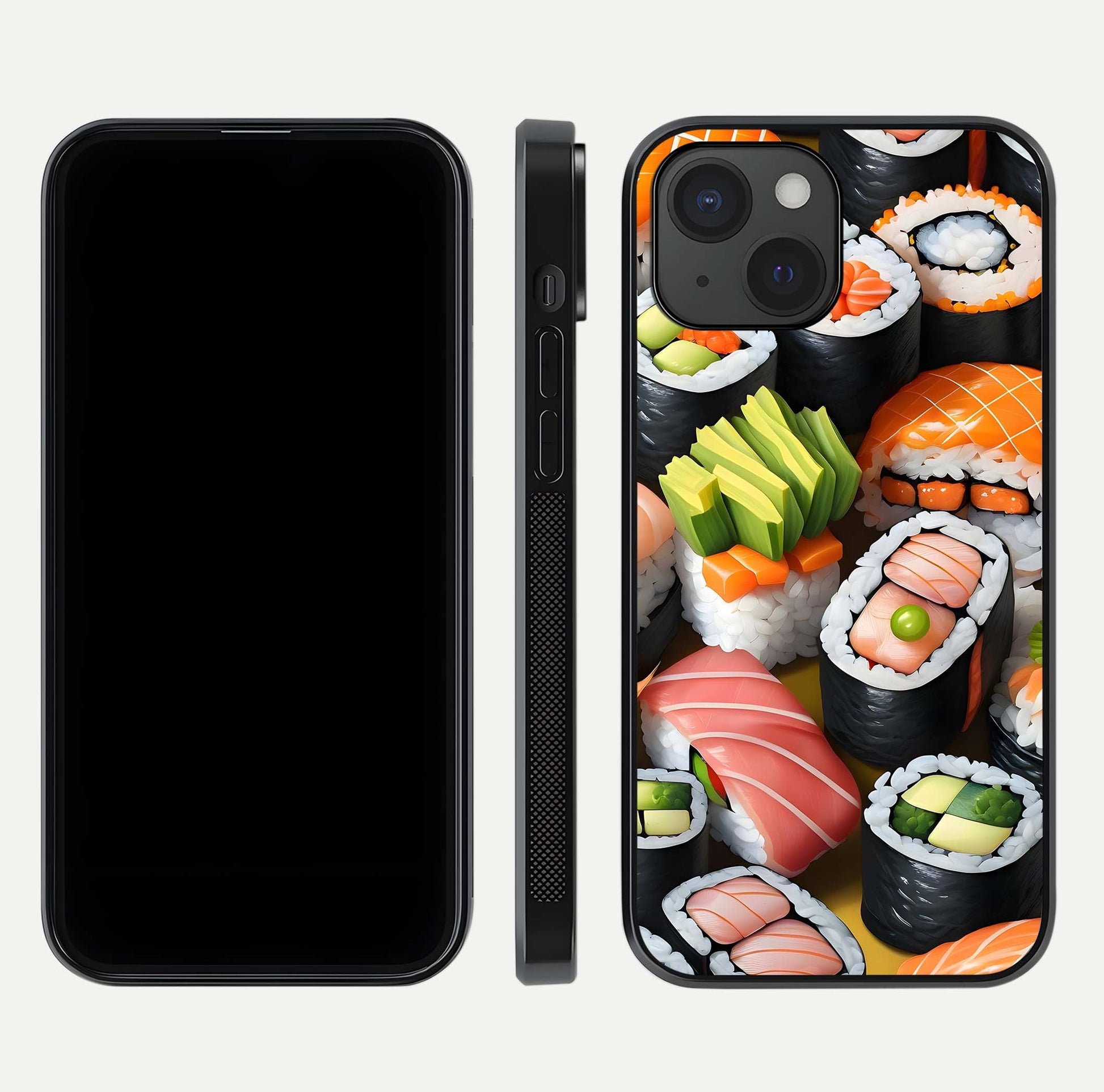 Sushi Food Pattern Glass Case for iPhone 15 front & back layout showing playful food theme and clear edges