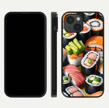 Sushi Food Pattern Glass Case for iPhone 15 front & back layout showing playful food theme and clear edges