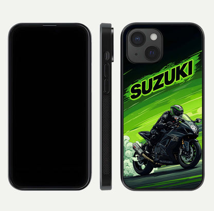 Suzuki Speed Beast Glass Case for iPhone 15 front & back layout showing motion blur and sleek edges