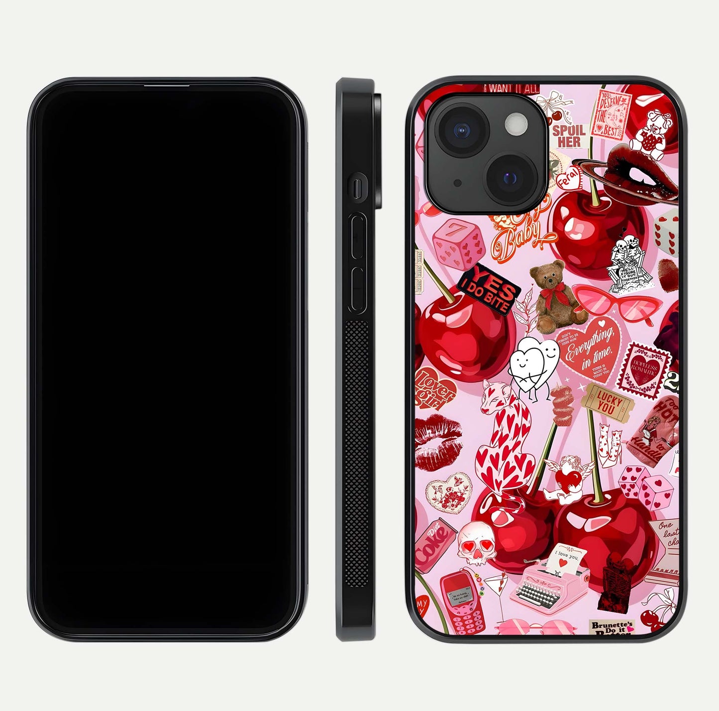 Sweet Cherry Chaos Glass Case for iPhone 15 front & back layout showing vibrant cherries and smooth edges