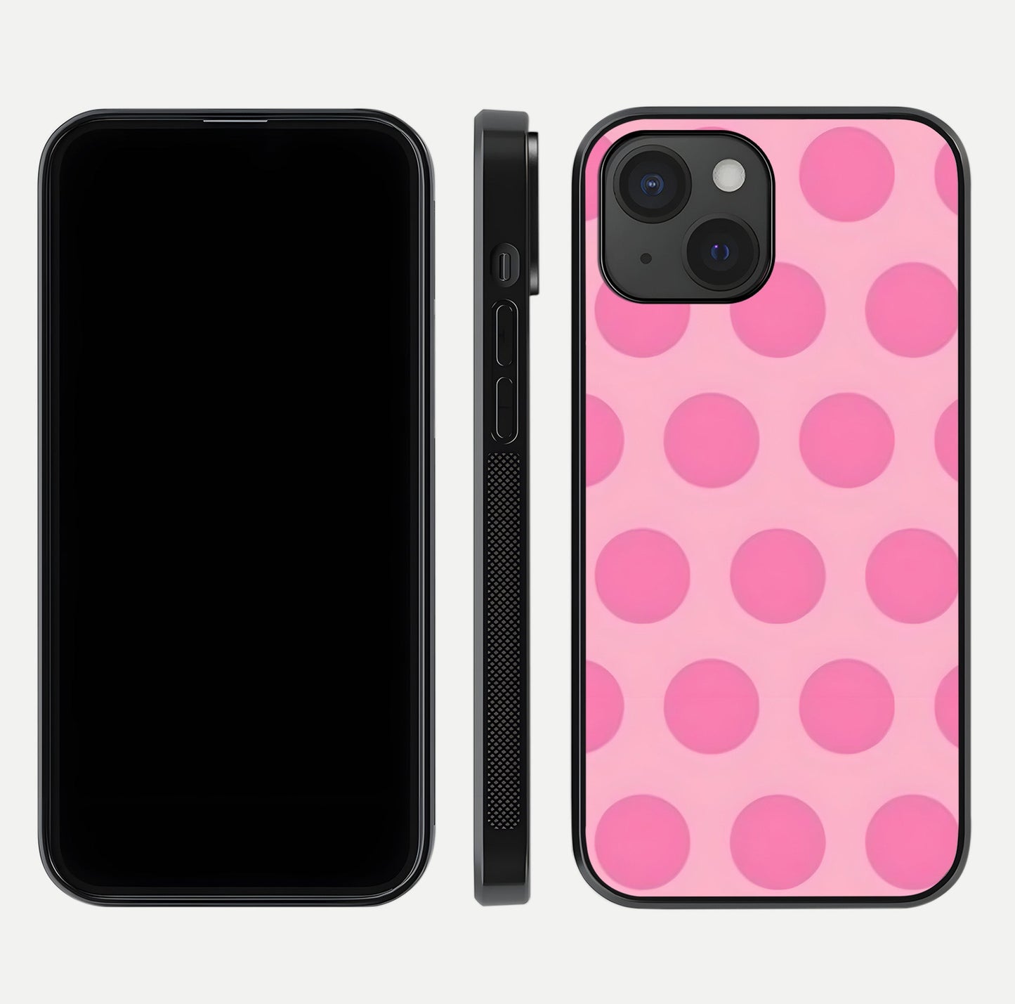 Sweet Dot Dreams iPhone 15  glass phone case front and side layout view displaying slim build and full dot design