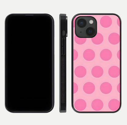 Sweet Dot Dreams iPhone 15  glass phone case front and side layout view displaying slim build and full dot design