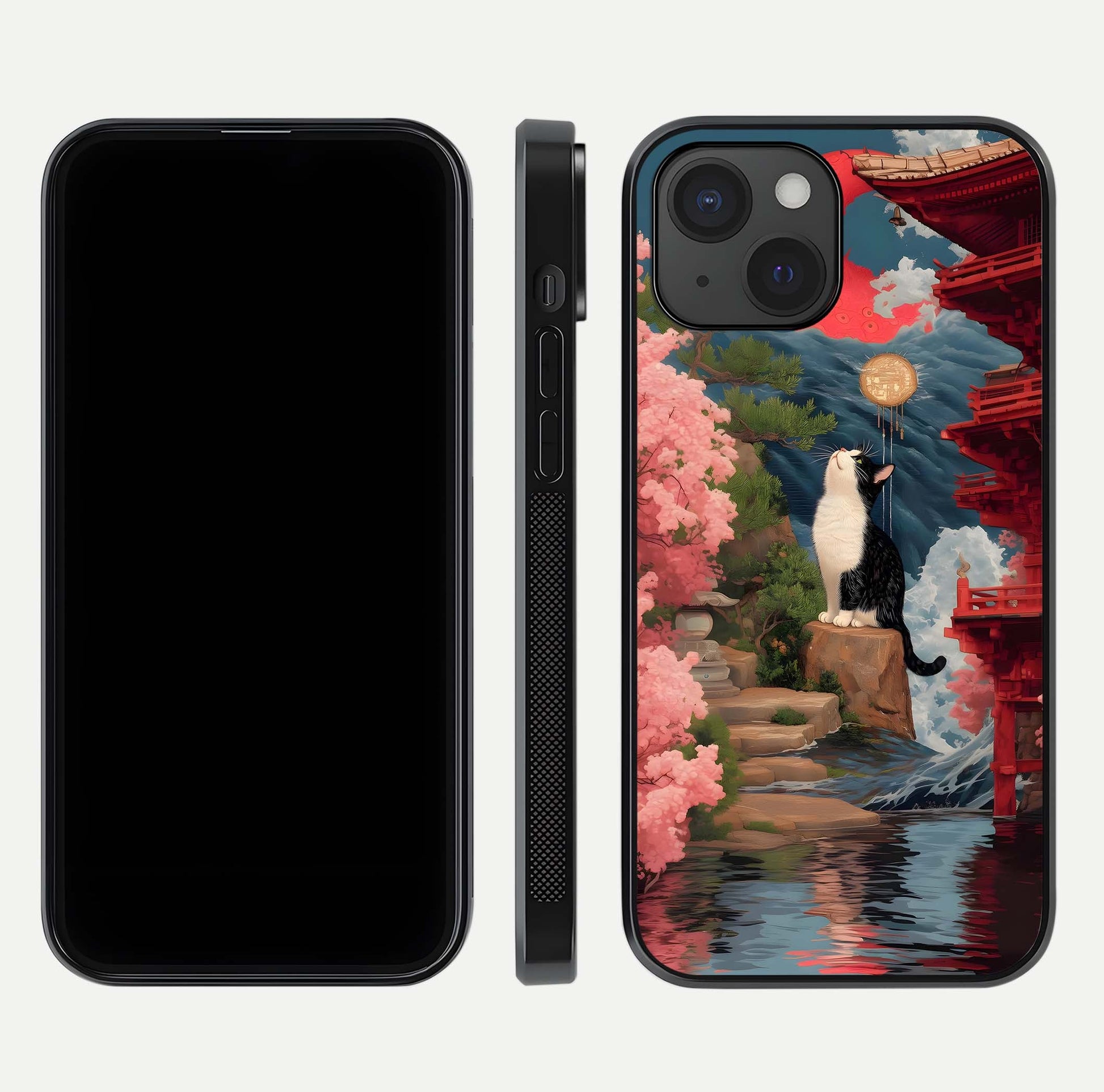 Temple Cat Scenery Glass Case for iPhone 15 front & back layout showing scenic print and edge design