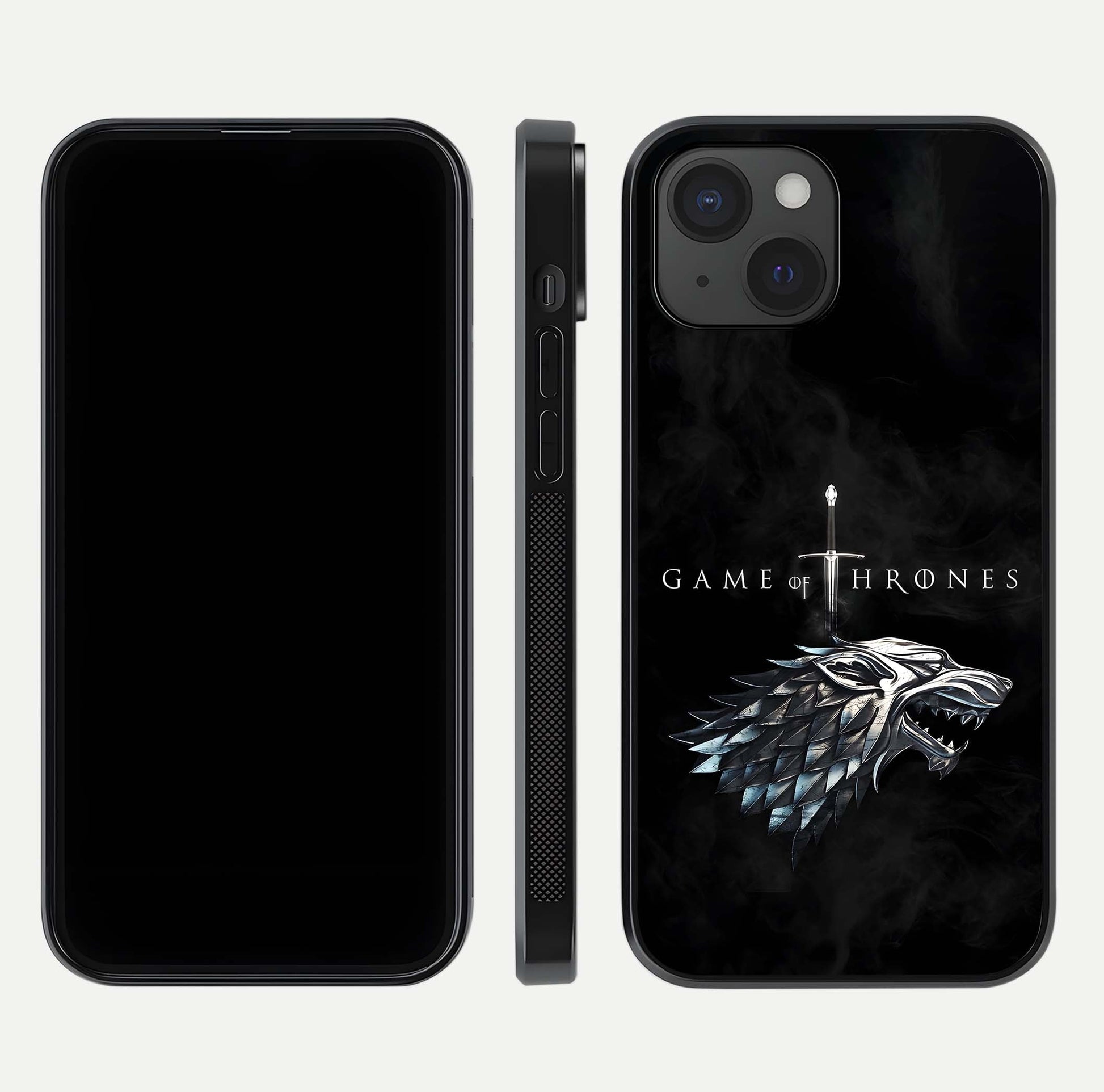 Throne Wolf Legacy Glass Case for iPhone 15 front & back layout showing bold pattern and sharp edge