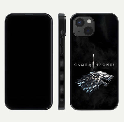 Throne Wolf Legacy Glass Case for iPhone 15 front & back layout showing bold pattern and sharp edge