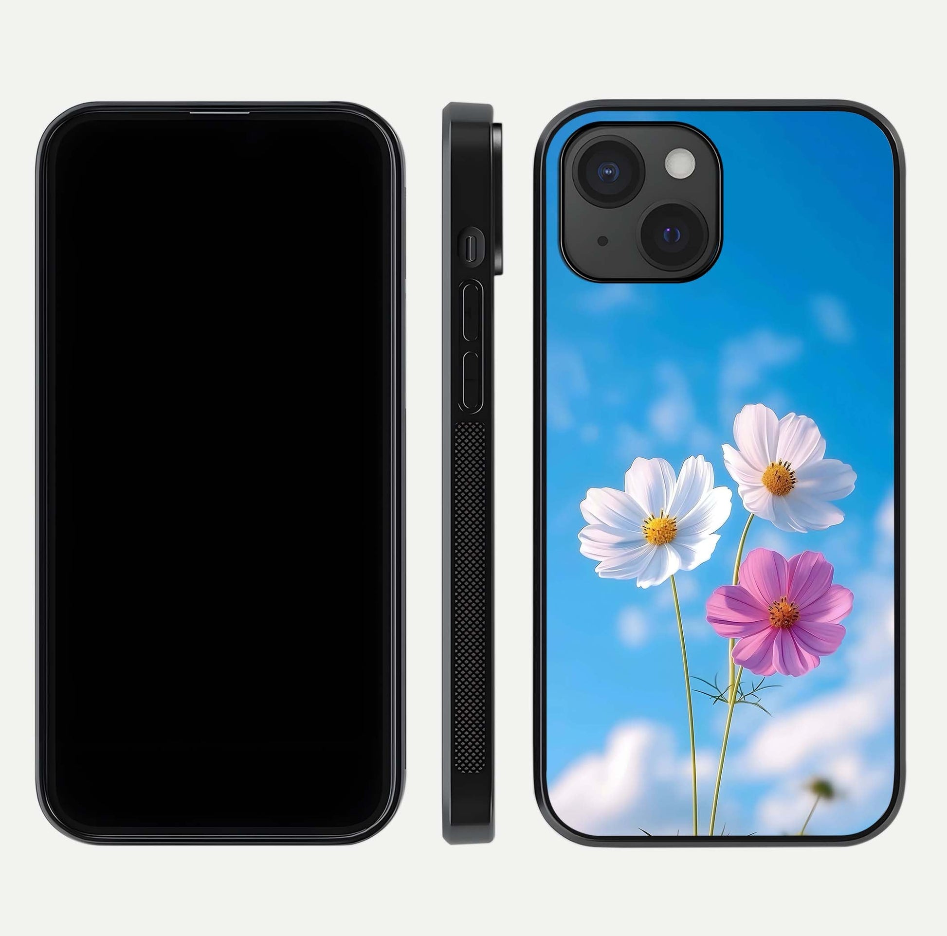 Triple Flowers With Sky Glass Case for iPhone 15 front & back layout showing vivid tones and glossy surface