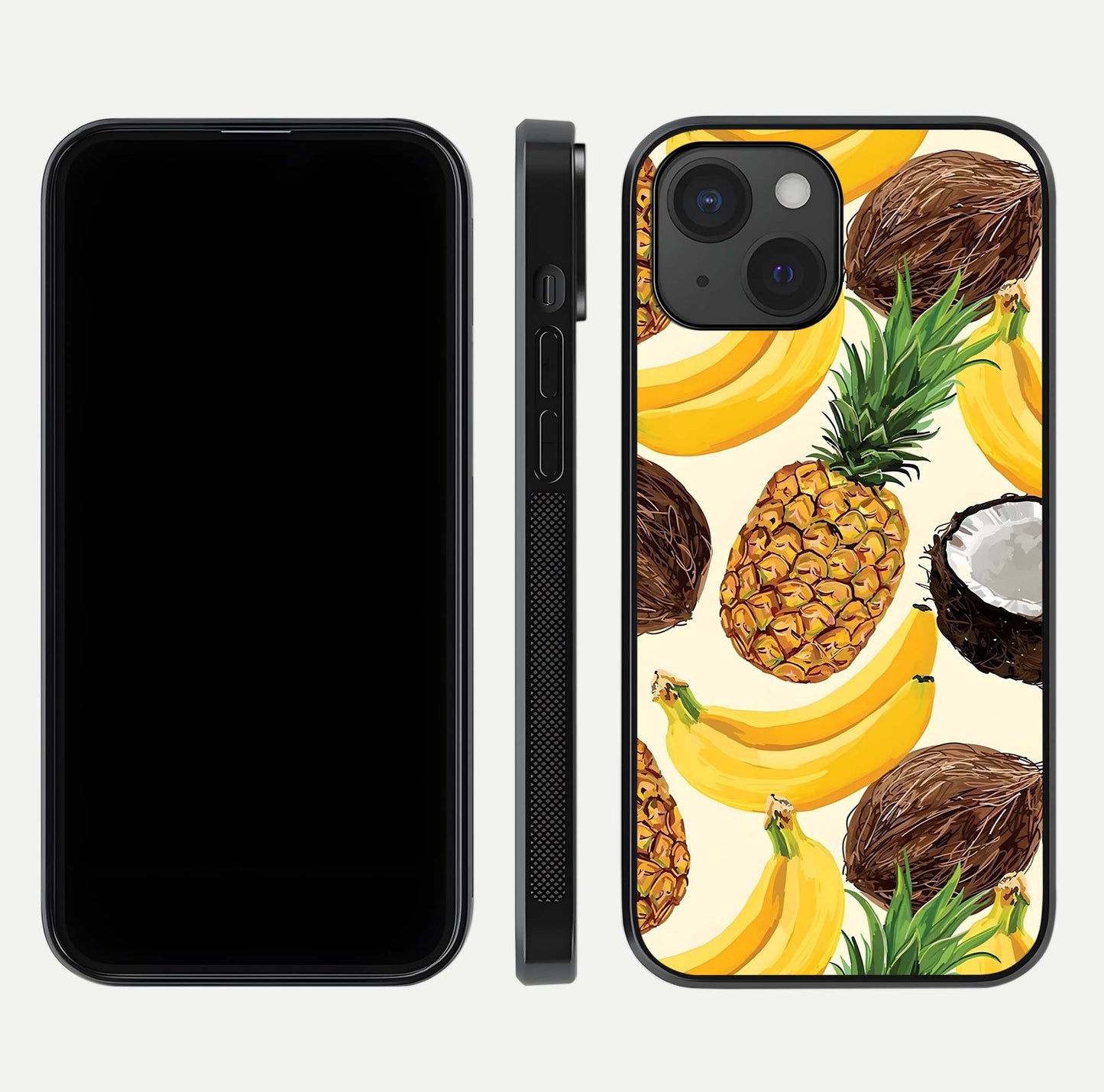 Tropical Fruit Mood Glass Case for iPhone 15 front & back layout showing playful tones and clean edge