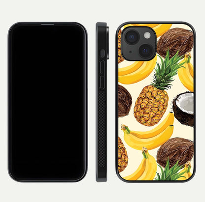 Tropical Fruit Mood Glass Case for iPhone 15 front & back layout showing playful tones and clean edge