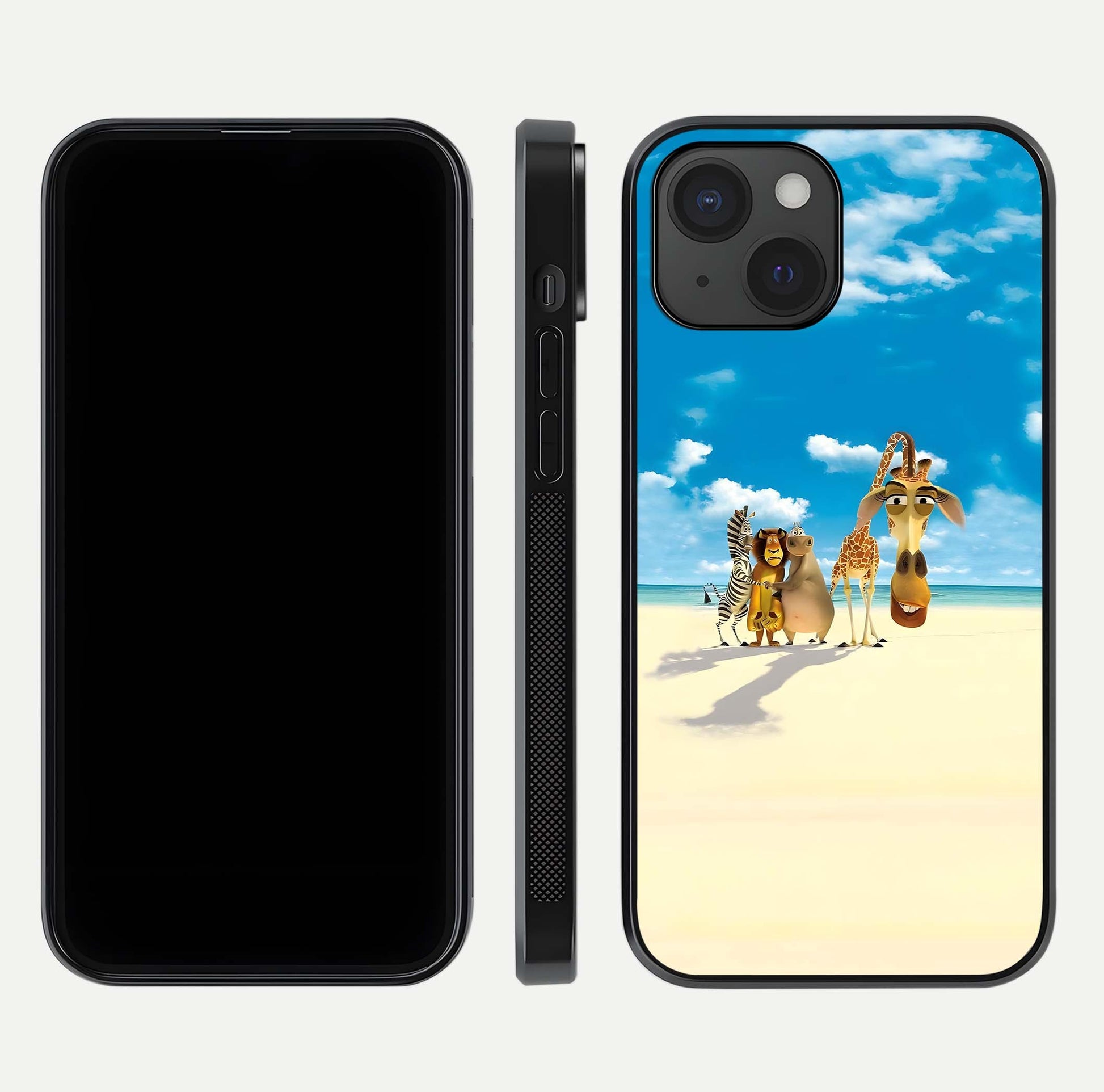 Tropical Fun Squad Glass Case for iPhone 15 front & back layout showing fun pattern and smooth edges