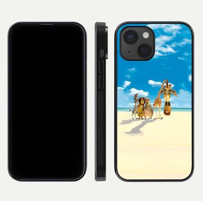 Tropical Fun Squad Glass Case for iPhone 15 front & back layout showing fun pattern and smooth edges